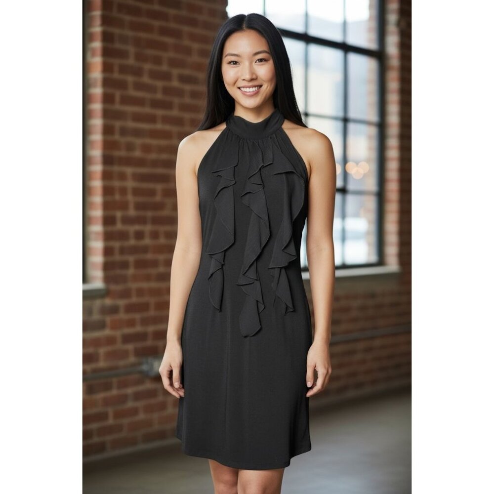 BCX Womens Size S Black Ruffle Front Halter Neck Elegant Chic Party Dress